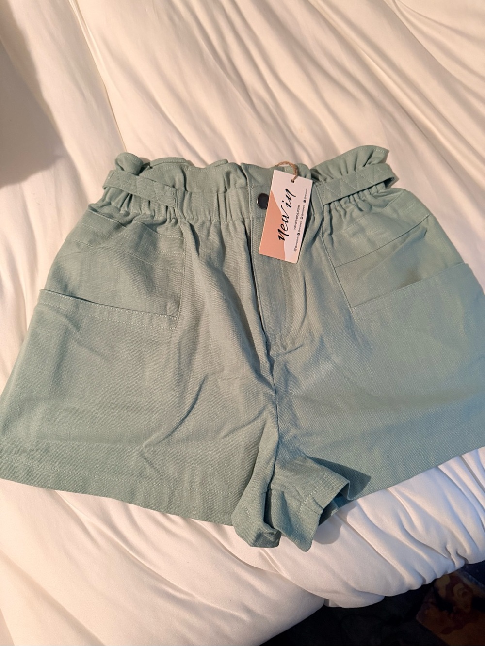 High-Waist Paperbag Shorts in Sage Green